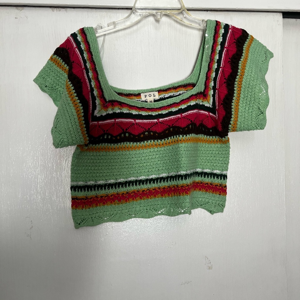 POL Black and Green Graphic Crop Top Short Sleeve